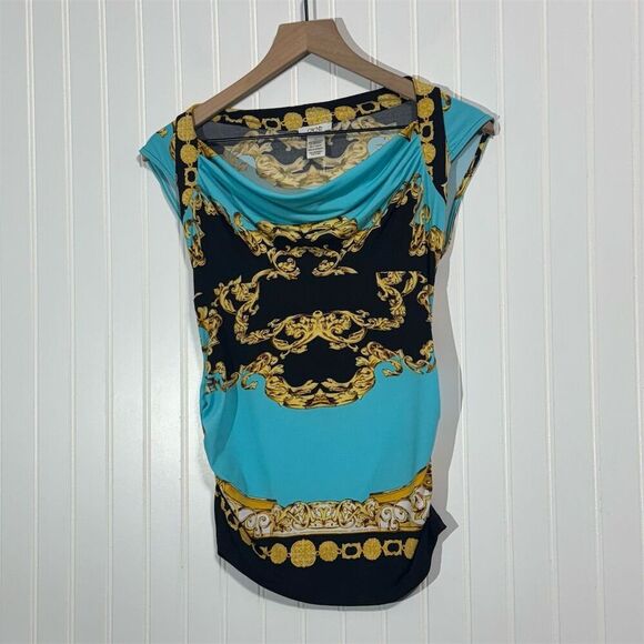 NWT Cache Cowl Neck Baroque Print Top S Aqua Black Gold Scroll Stretch Shirt Y2K - Picture 1 of 9